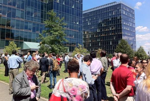 People stand along the streets in Washington, D.C., after evacuating their office buildings after a  5.9 magnitude earthquake centered in Virginia forced evacuations of all the monuments on the National Mall in Washington and was felt from Georgia to Martha's Vineyard, August 23, 2011. The U.S. Geological Survey said the earthquake was half a mile deep and centered near Louisa, Virginia, about 40 miles northwest of Richmond.  (Harry E. Walker/MCT)