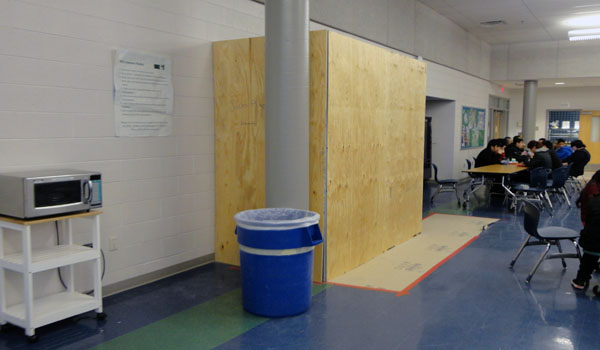 New water fountains under construction in the cafeteria