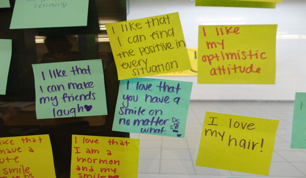 Students were asked to write down things they like about themselves on sticky notes and place them on school walls during last year's Mental Wellness Week. 