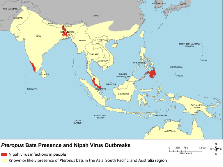 A map of past Nipah outbreaks, image via CDC