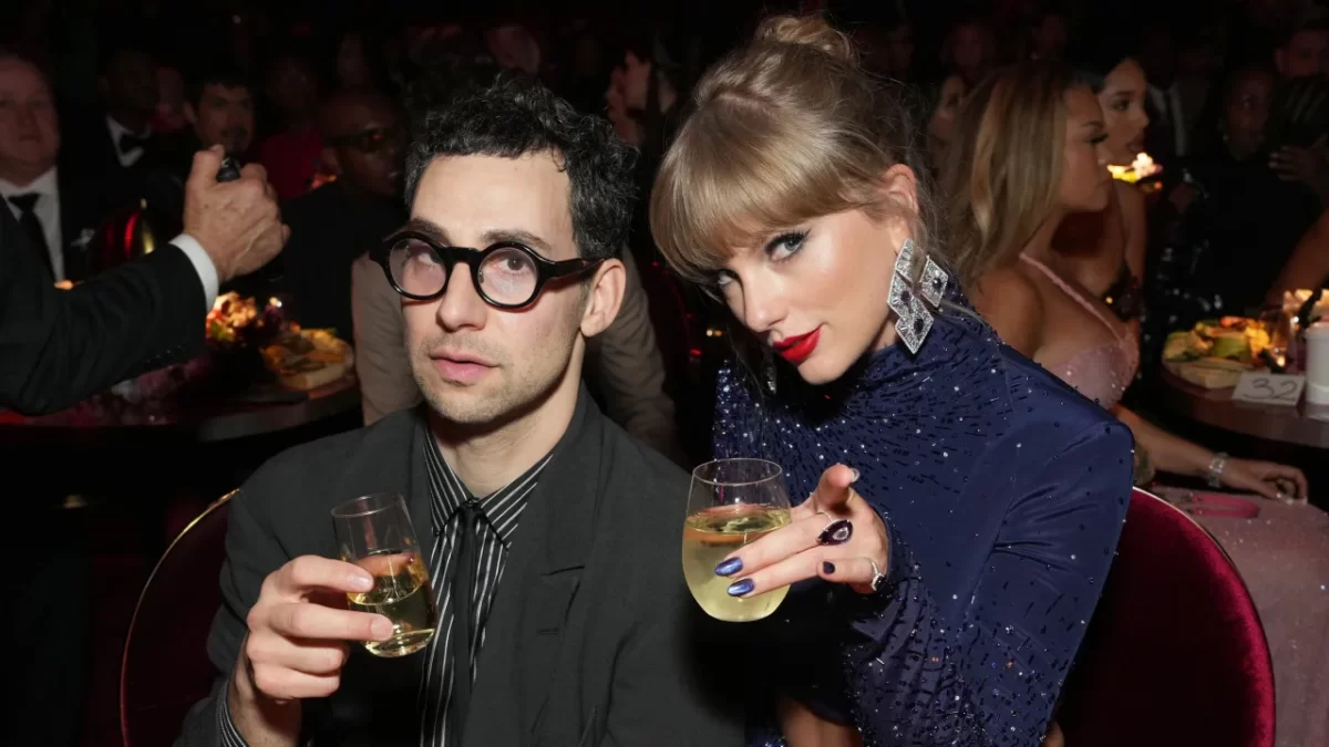 Jack Antonoff and Taylor Swift at the 2023 Grammy Awards in Los Angeles; image credits to