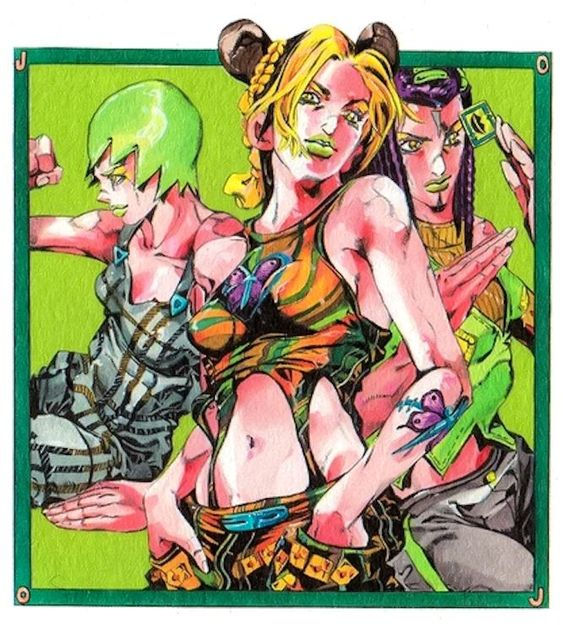 Imagen vía obra de arte de Hirohiko Araki, Océano de Piedra con Jolyne Cujoh, Ermes y Foo Fighters.