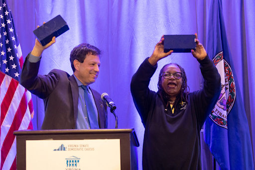 Virginia Senate Democrats celebrating victory, image via Virginia Mercury
